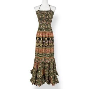 Anthropologie Raga Womens Bohemian Open Strapped Back Maxi Dress Green Orange